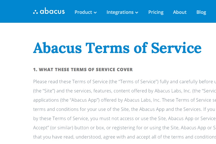 Screenshot of Abacus Terms of Service