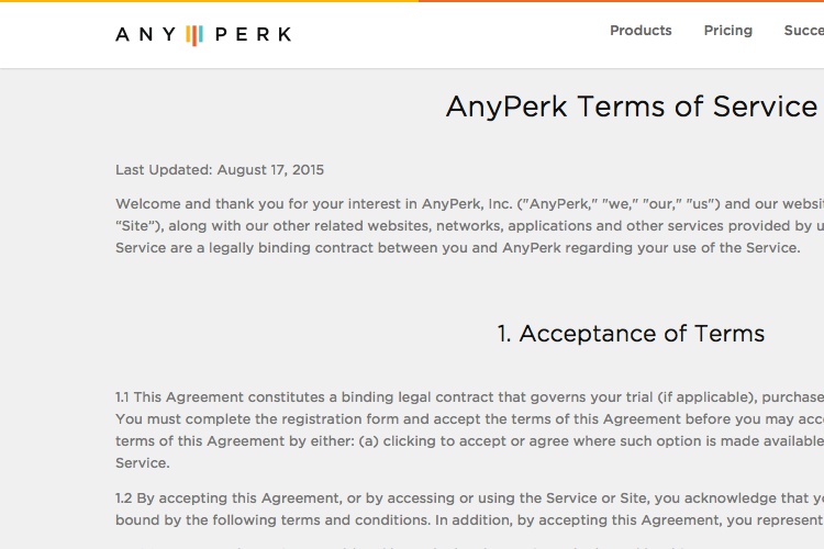 Screenshot of AnyPerk Terms of Service