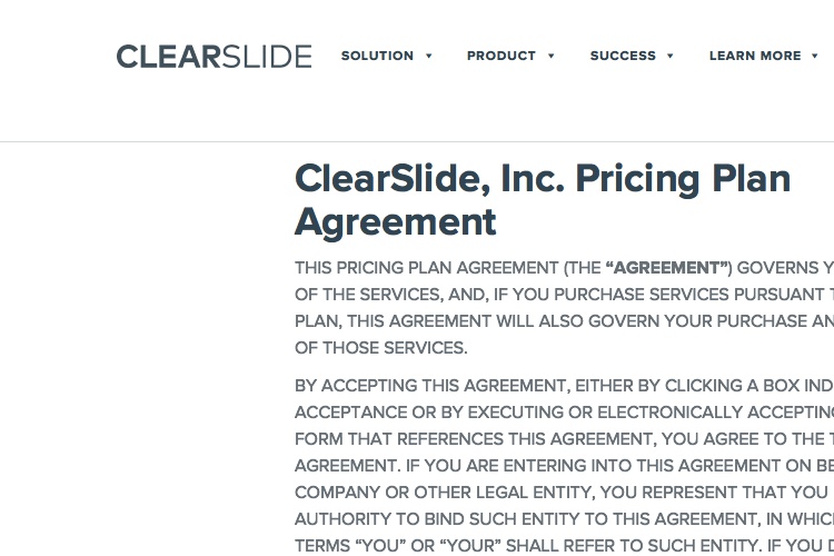 Screenshot of ClearSlide Terms of Service