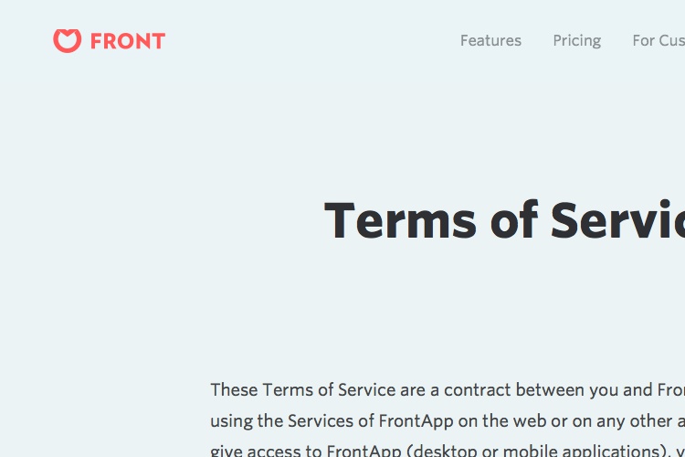 Screenshot of Front Terms of service