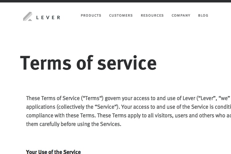 Screenshot of Lever Terms of Service