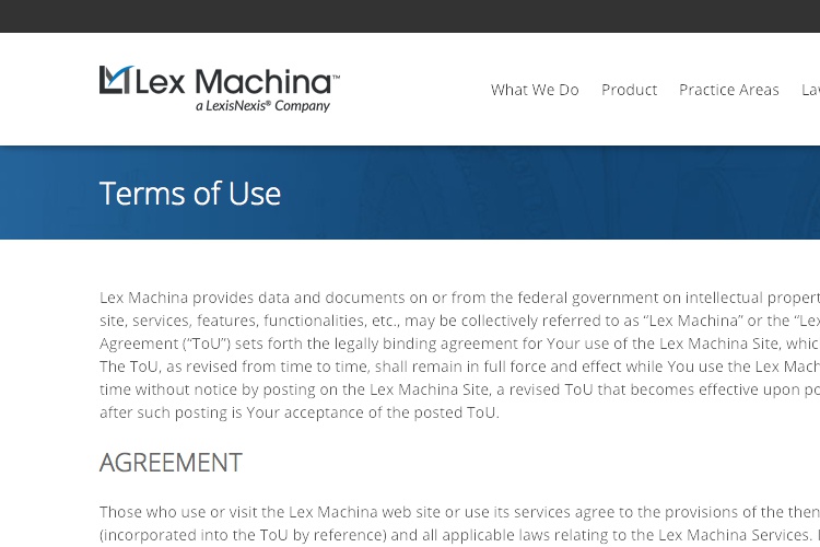 Screenshot of Lex Machina Terms of Use