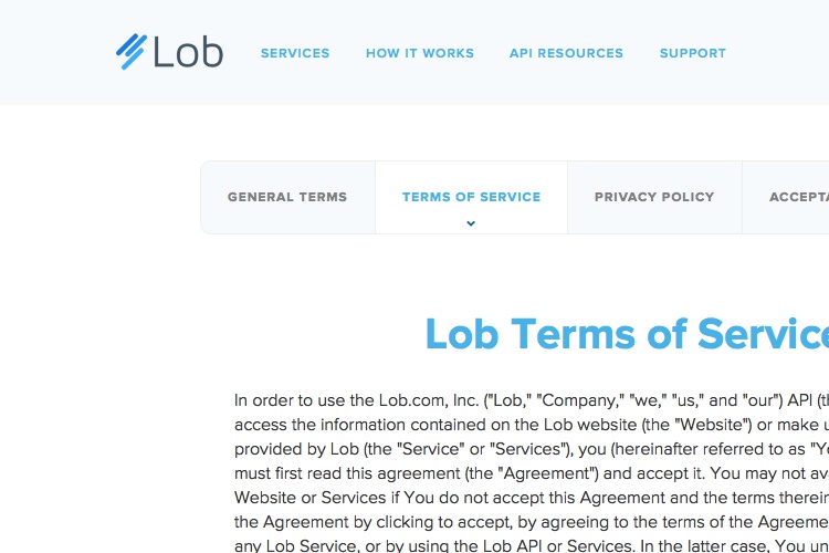 Screenshot of Lob Terms of Service