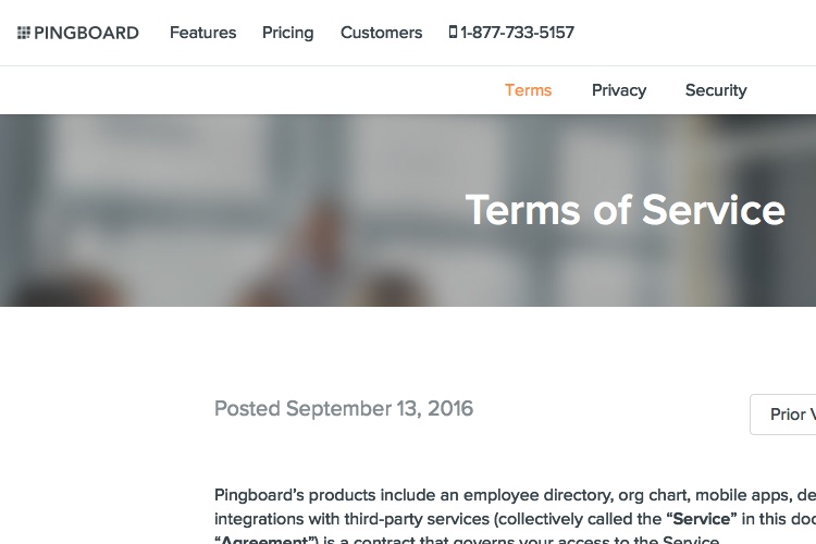 Screenshot of Pingboard Terms of Service