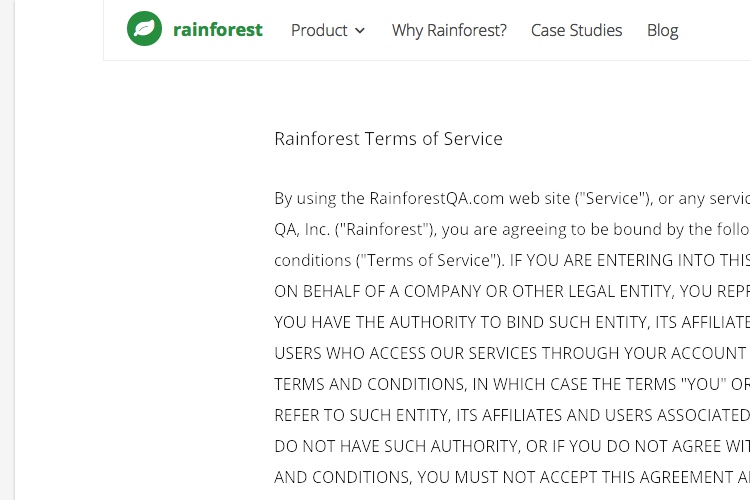 Screenshot of Rainforest Terms of Service