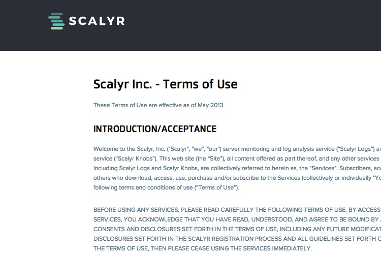 Screenshot of Scalyr Terms of Use