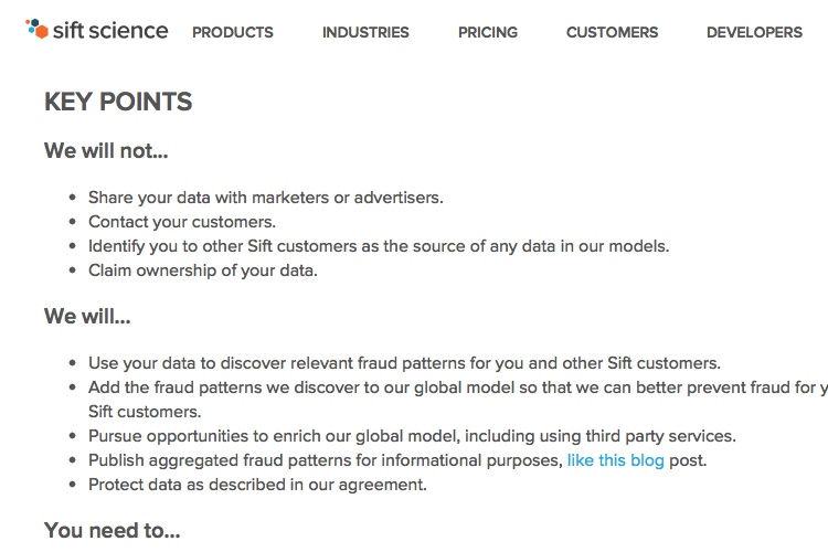 Screenshot of Sift Science Terms of Service