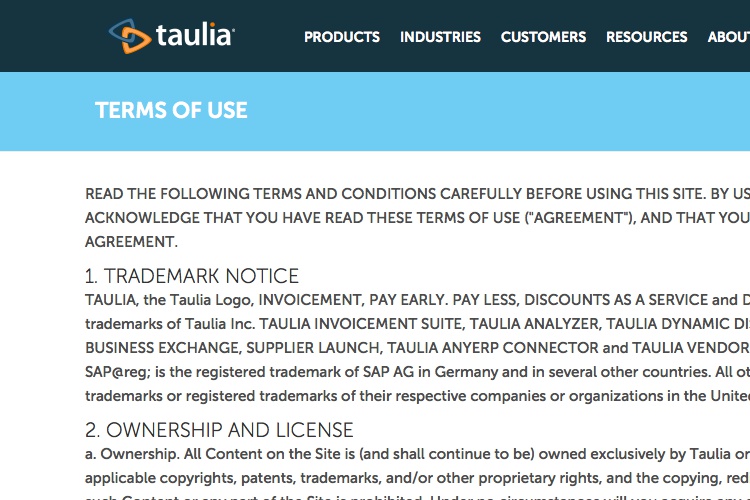 Screenshot of Taulia Terms of Use