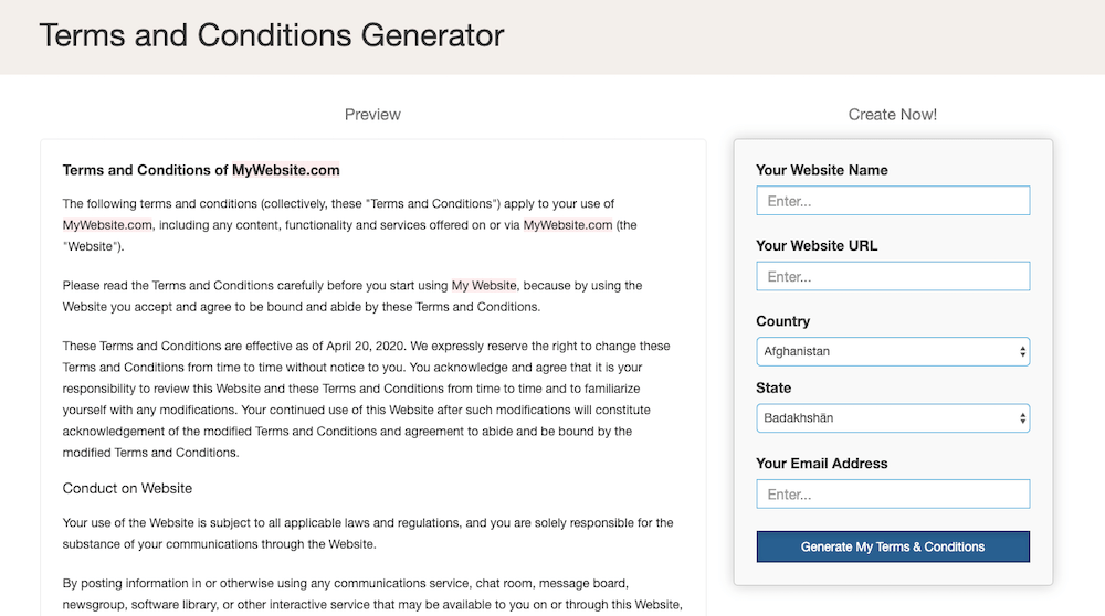 Terms & Conditions Generator